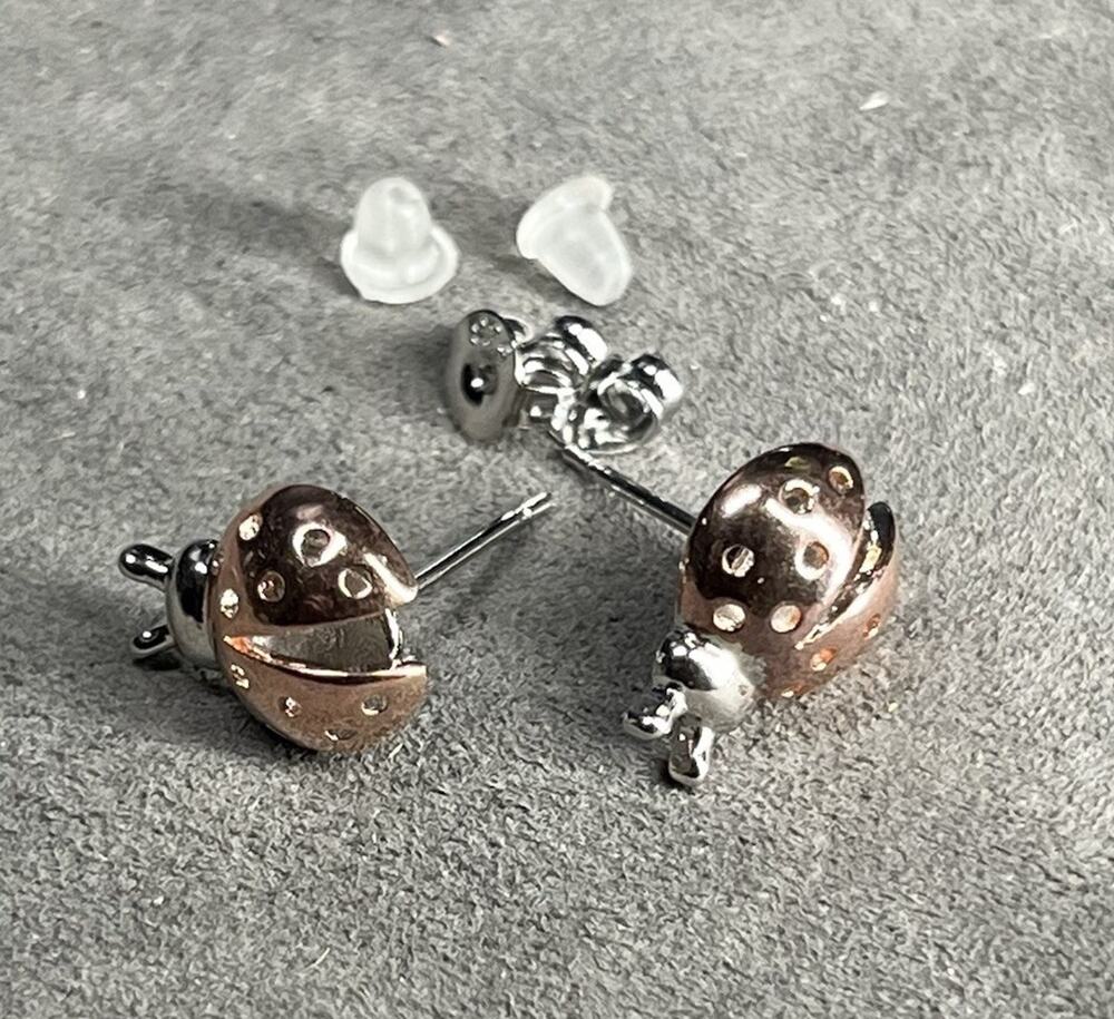 Sterling 925 Silver Lady Bug Stud Earrings With 925 Silver Earring Backs